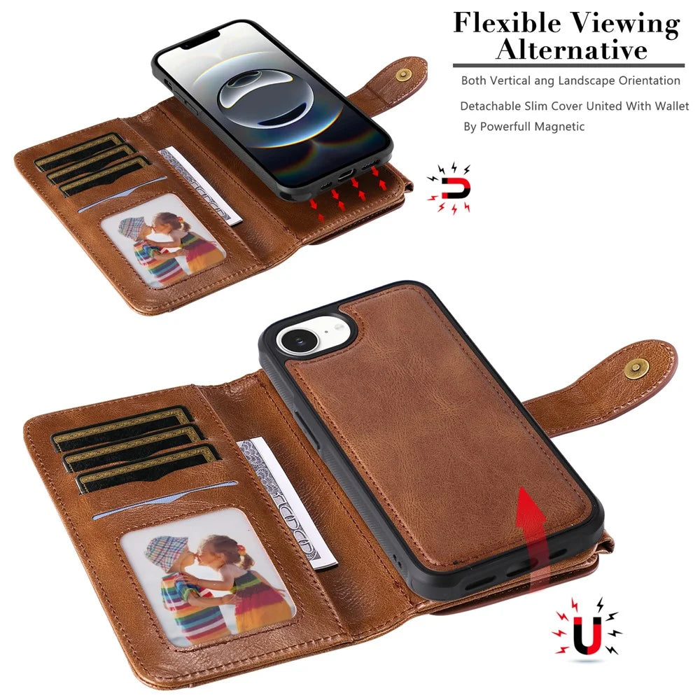 For iPhone 17e / 16e Case PU Leather Zipper Wallet Detachable Cover - Brown - 3