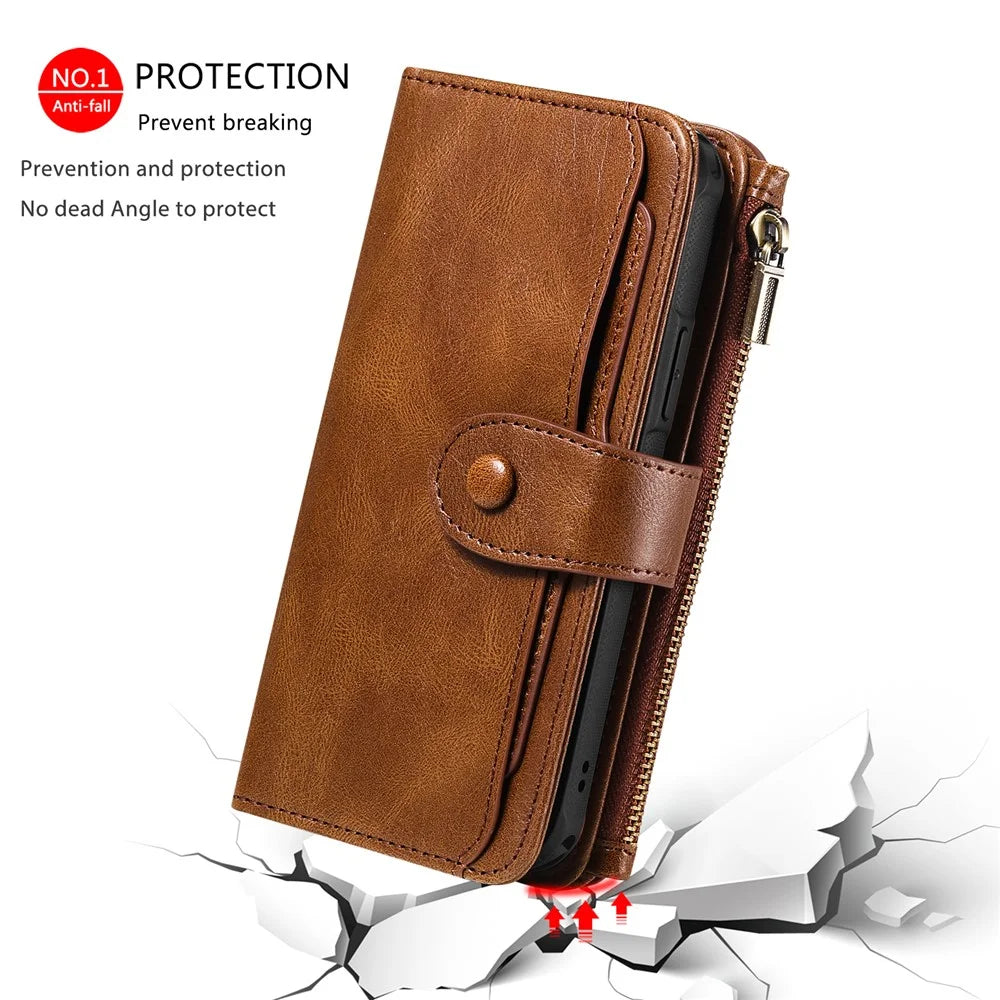 For iPhone 17e / 16e Case PU Leather Zipper Wallet Detachable Cover - Brown - 4