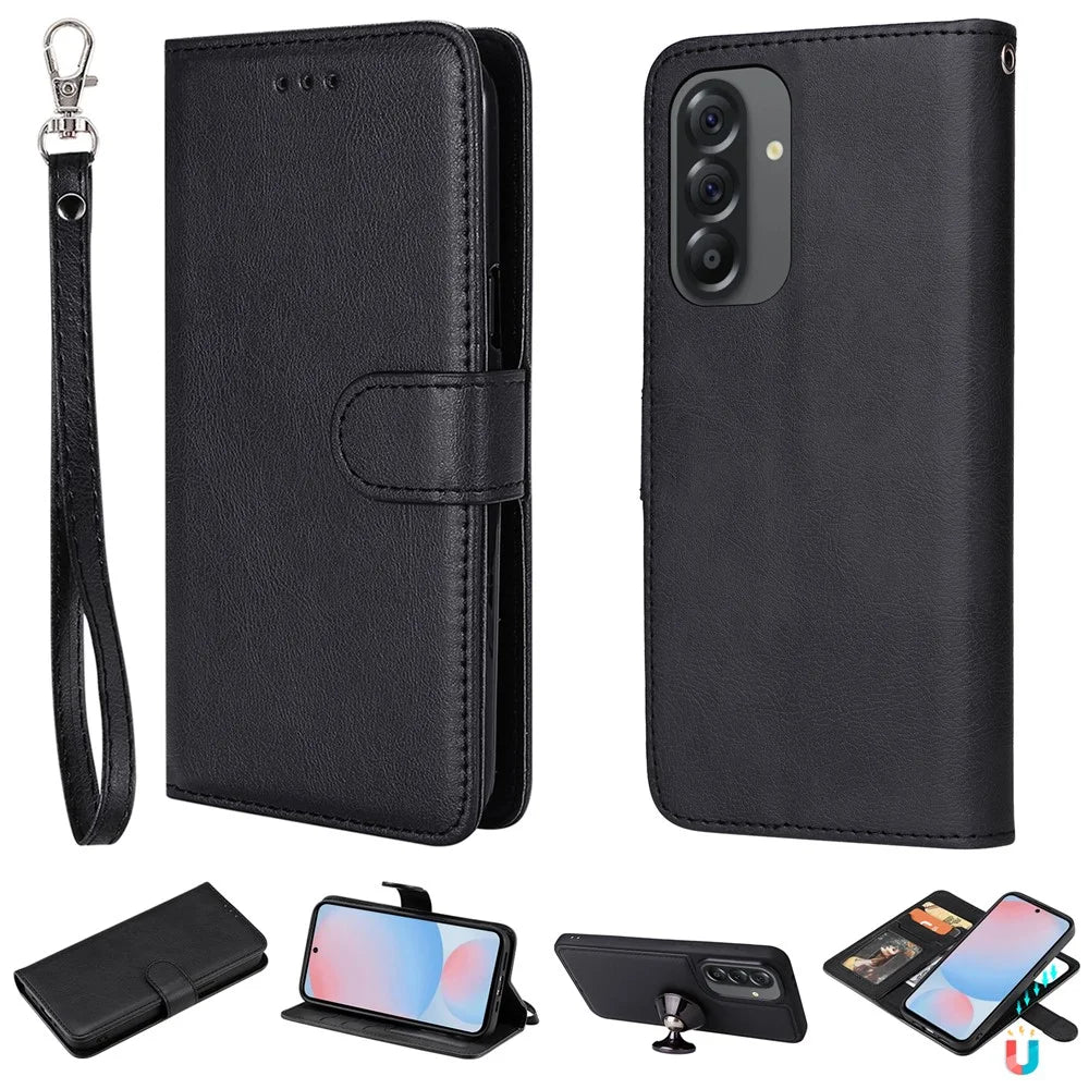 For Samsung Galaxy A56 5G / M56 5G / F56 5G / A36 5G Case 2 in 1 Detachable Magnetic Leather Wallet Mobile Cover with Strap - Black - 1