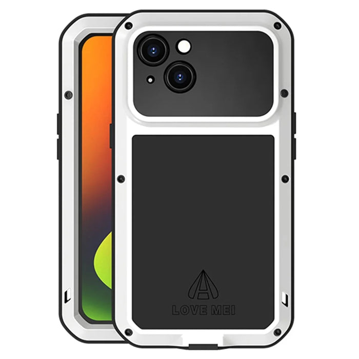 LOVE MEI For iPhone 14 Silicone + Metal Hybrid Phone Cover Shockproof Dust-proof Case with Tempered Glass Film - White - 1