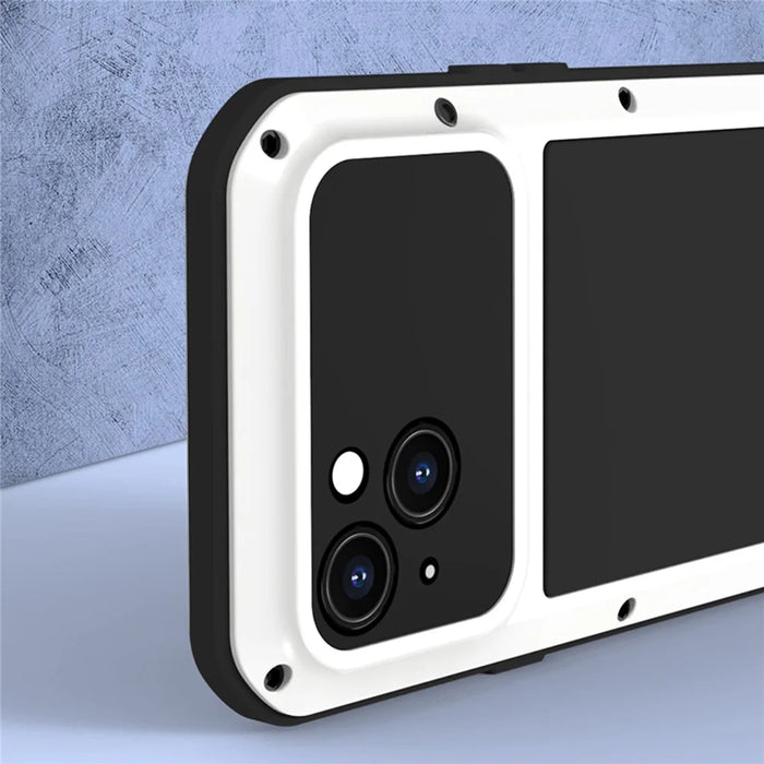 LOVE MEI For iPhone 14 Silicone + Metal Hybrid Phone Cover Shockproof Dust-proof Case with Tempered Glass Film - White - 3