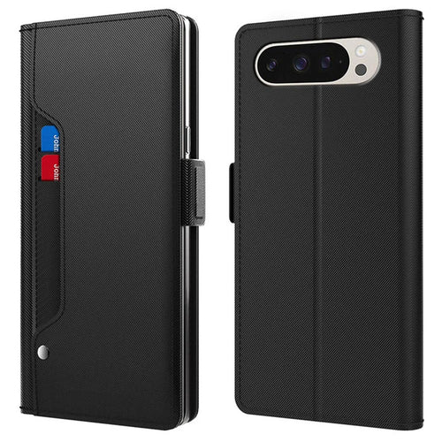 For Google Pixel 9 Pro XL Case Stand PU Leather Phone Cover Card Holder Mirror - Black - 1