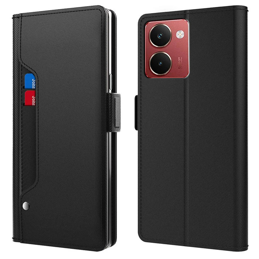 For Realme P3 Ultra 5G Case Stand PU Leather Phone Cover Card Holder Mirror - Black - 1