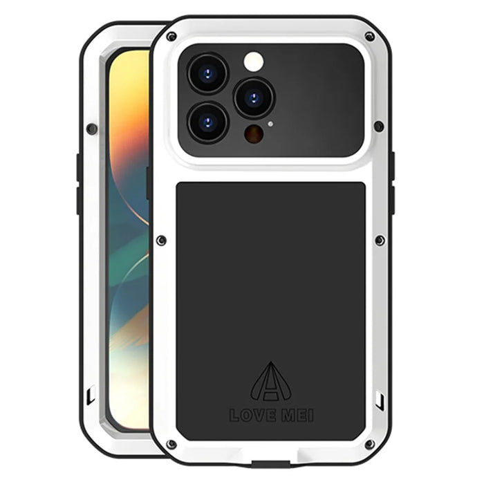 LOVE MEI For iPhone 14 Pro Silicone + Metal Shockproof Case with Tempered Glass Film - White - 1
