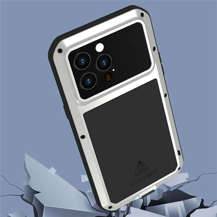 LOVE MEI For iPhone 14 Pro Silicone + Metal Shockproof Case with Tempered Glass Film - White - 2