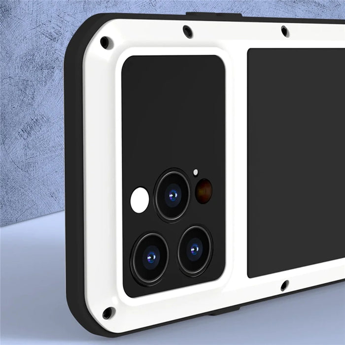 LOVE MEI For iPhone 14 Pro Silicone + Metal Shockproof Case with Tempered Glass Film - White - 3