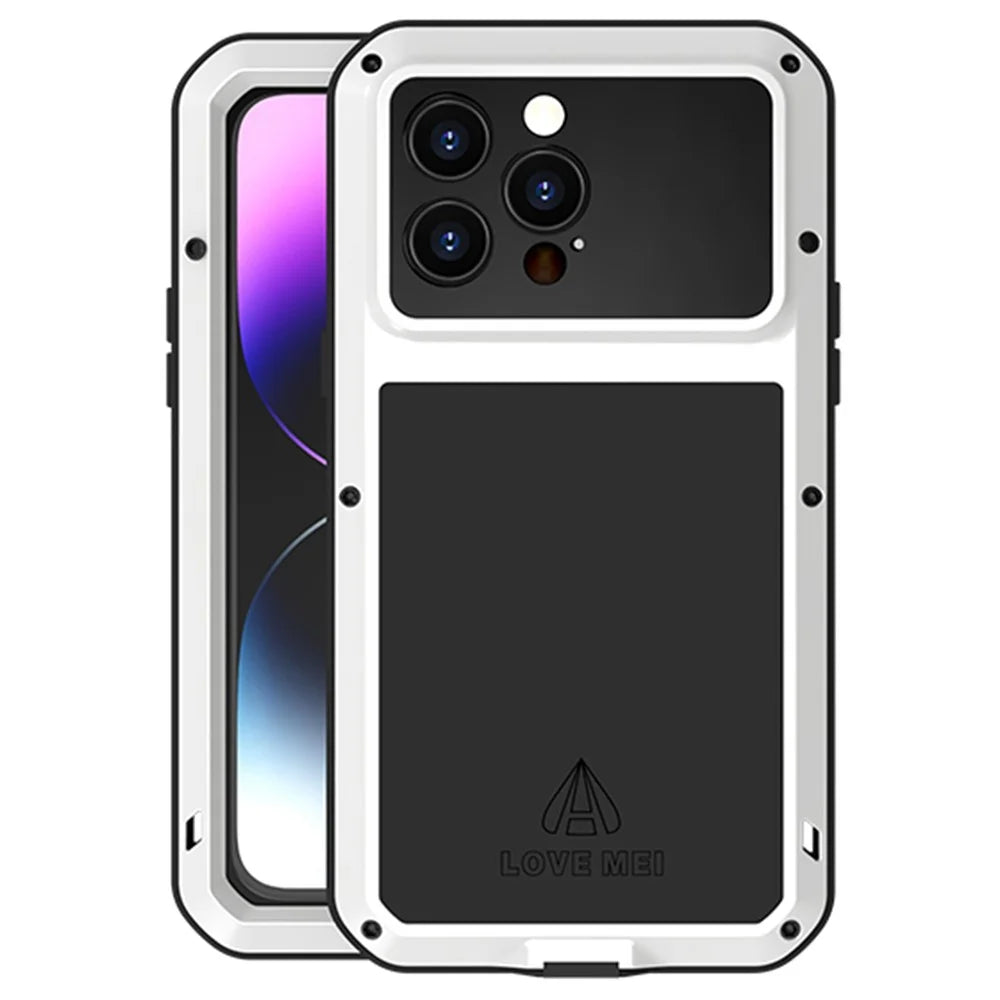 LOVE MEI For iPhone 14 Pro Max Silicone + Metal Shockproof Dust-proof Case with Tempered Glass Film - White - 1