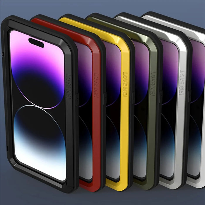 LOVE MEI For iPhone 14 Pro Max Silicone + Metal Shockproof Dust-proof Case with Tempered Glass Film - White - 4