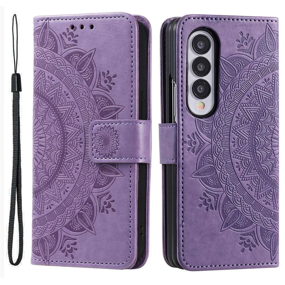For Samsung Galaxy Z Fold4 5G Mandala Flower Pattern Imprinted Wallet Case PU Leather Stand Magnetic Flip Cover - Purple - 1