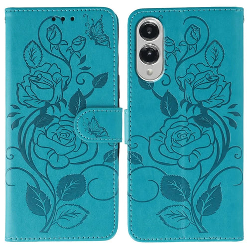 For Samsung Galaxy S25 Edge Case Wallet Stand Imprinted Rose Butterfly PU Leather Phone Cover - Blue - 1