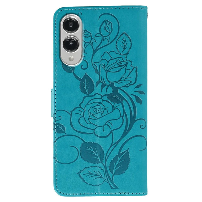 For Samsung Galaxy S25 Edge Case Wallet Stand Imprinted Rose Butterfly PU Leather Phone Cover - Blue - 5