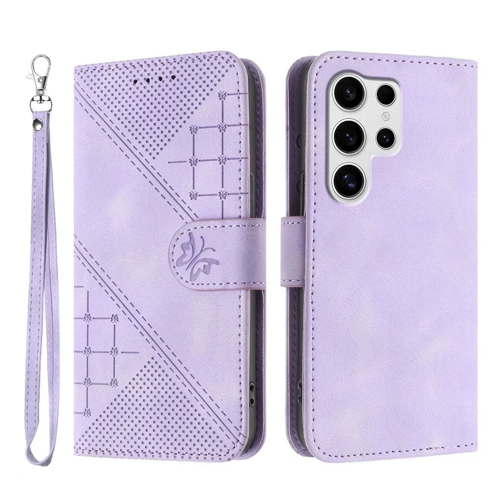 For Samsung Galaxy S25 Ultra Leather Wallet Case Butterfly Flower Imprinted Phone Cover with Strap - Purple - 1