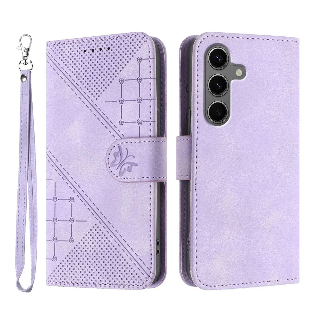 For Samsung Galaxy S24+ / Galaxy S25+ Leather Wallet Case Butterfly Flower Imprinted Phone Cover with Strap - Purple - 1