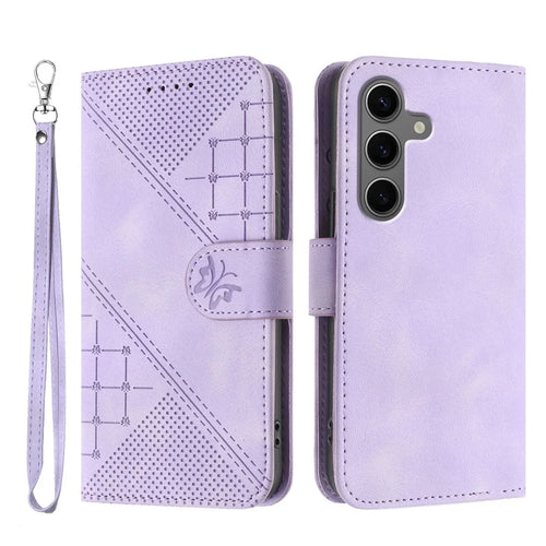 For Samsung Galaxy S24+ / Galaxy S25+ Leather Wallet Case Butterfly Flower Imprinted Phone Cover with Strap - Purple - 1