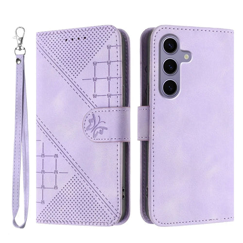 For Samsung Galaxy S24 / Galaxy S25 Leather Wallet Case Butterfly Flower Imprinted Phone Cover with Strap - Purple - 1