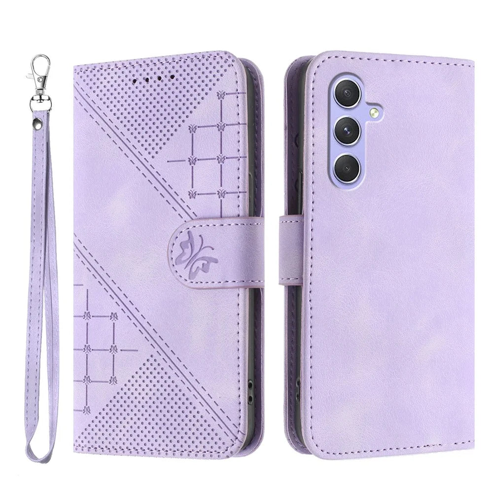 For Samsung Galaxy A55 5G Leather Wallet Case Butterfly Flower Imprinted Phone Cover with Strap - Purple - 1