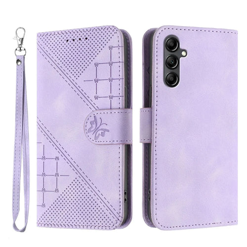 For Samsung Galaxy A25 5G (Global) (161.0 x 76.5 x 8.3mm) Leather Wallet Case Butterfly Flower Imprinted Phone Cover with Strap - Purple - 1