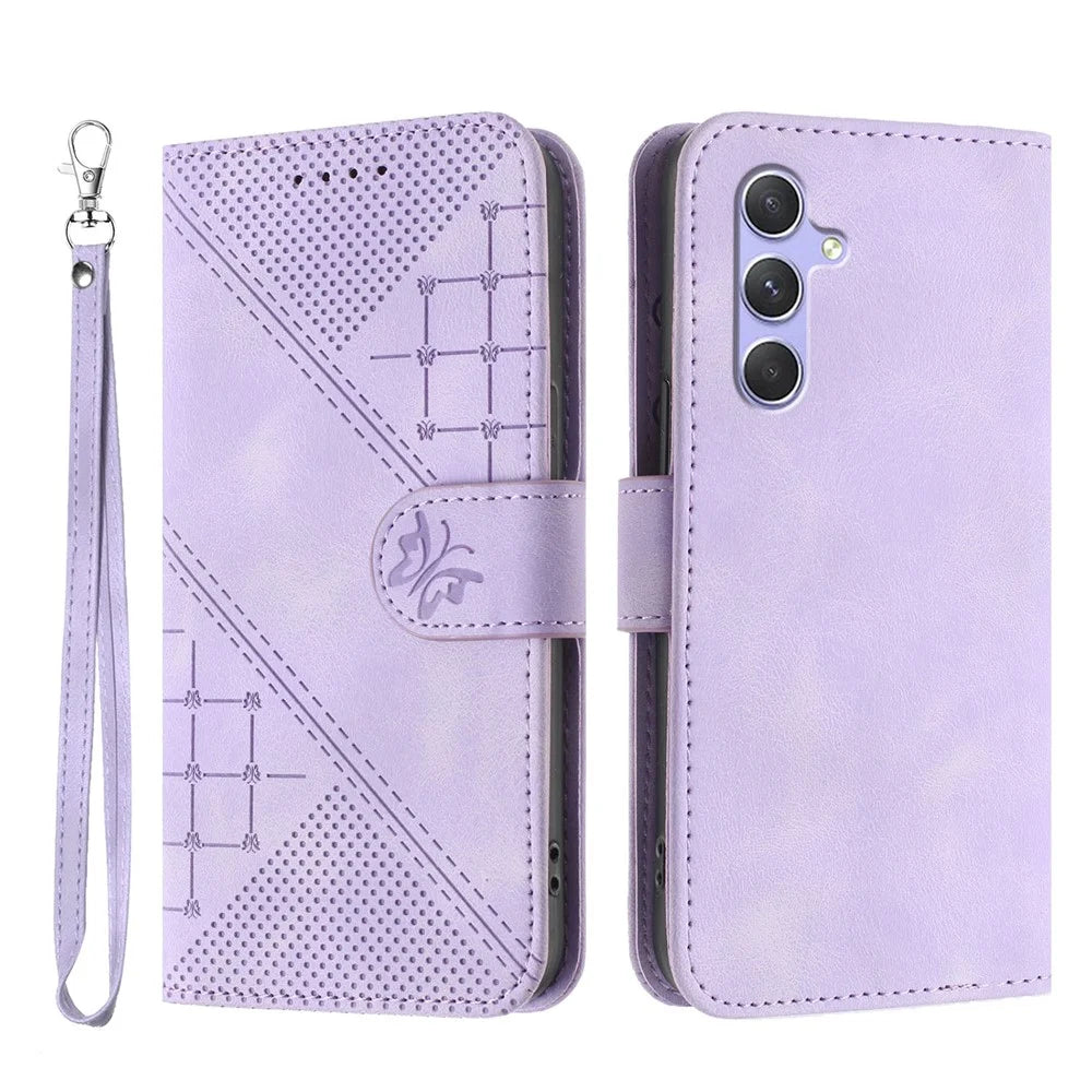 For Samsung Galaxy A54 5G Leather Wallet Case Butterfly Flower Imprinted Phone Cover with Strap - Purple - 1