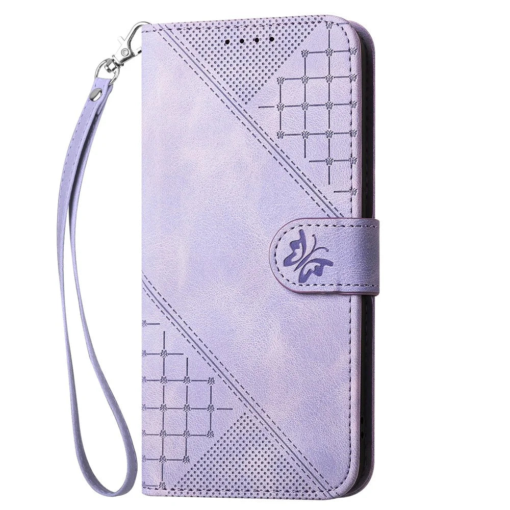 For Samsung Galaxy A54 5G Leather Wallet Case Butterfly Flower Imprinted Phone Cover with Strap - Purple - 7
