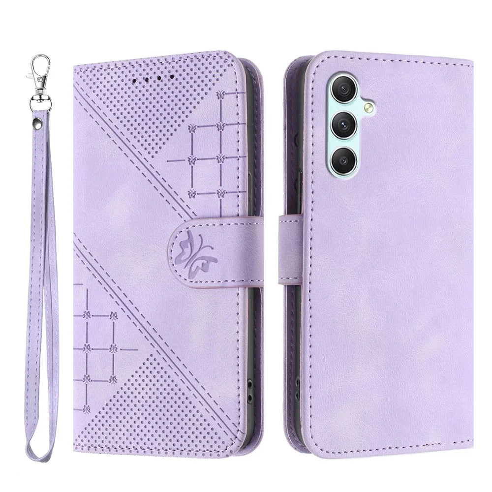 For Samsung Galaxy A34 5G Leather Wallet Case Butterfly Flower Imprinted Phone Cover with Strap - Purple - 1