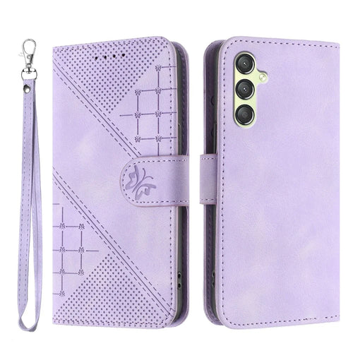 For Samsung Galaxy A24 4G (162.1 x 77.6 x 8.3mm) Leather Wallet Case Butterfly Flower Imprinted Phone Cover with Strap - Purple - 1