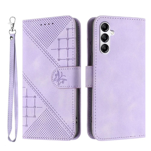 For Samsung Galaxy A14 4G / Galaxy A14 5G Leather Wallet Case Butterfly Flower Imprinted Phone Cover with Strap - Purple - 1