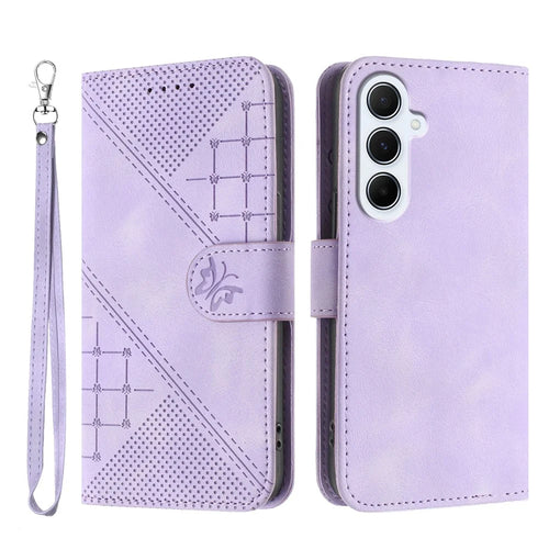 For Samsung Galaxy A56 5G Leather Wallet Case Butterfly Flower Imprinted Phone Cover with Strap - Purple - 1
