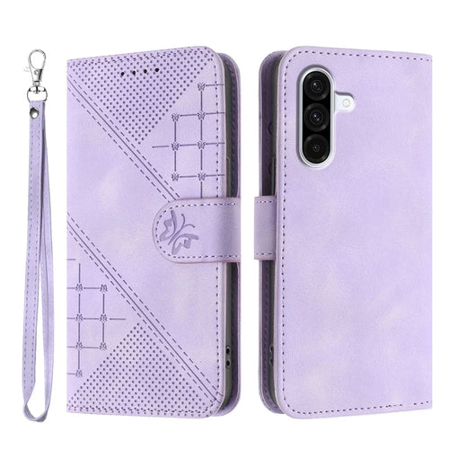 For Samsung Galaxy A36 5G Leather Wallet Case Butterfly Flower Imprinted Phone Cover with Strap - Purple - 1