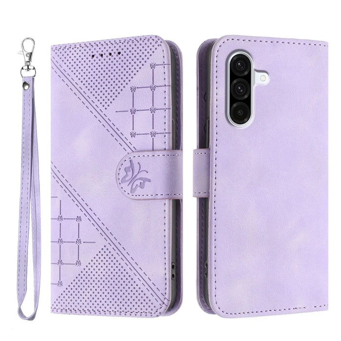 For Samsung Galaxy A36 5G Leather Wallet Case Butterfly Flower Imprinted Phone Cover with Strap - Purple - 1