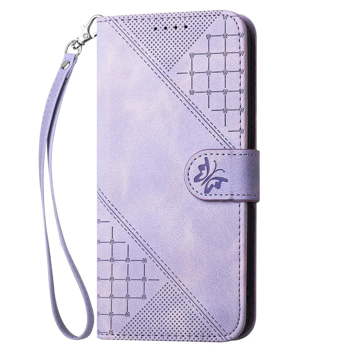 For Samsung Galaxy A36 5G Leather Wallet Case Butterfly Flower Imprinted Phone Cover with Strap - Purple - 7