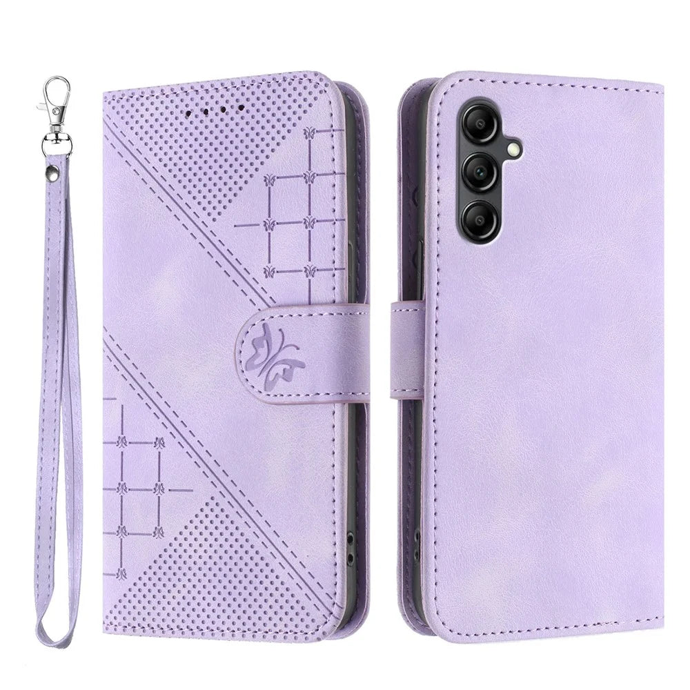 For Samsung Galaxy A16 4G / Galaxy A26 5G / Galaxy A16 5G Leather Wallet Case Butterfly Flower Imprinted Phone Cover with Strap - Purple - 1