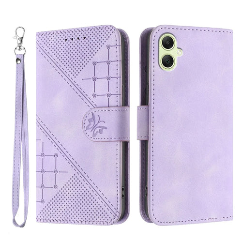 For Samsung Galaxy A06 5G / Galaxy A06 4G Leather Wallet Case Butterfly Flower Imprinted Phone Cover with Strap - Purple - 1