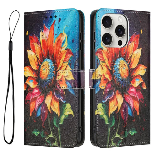 YX-2501 For iPhone 14 Pro Case Pattern Printing PU Leather Wallet Phone Cover with Lanyard - Sunflower - 1