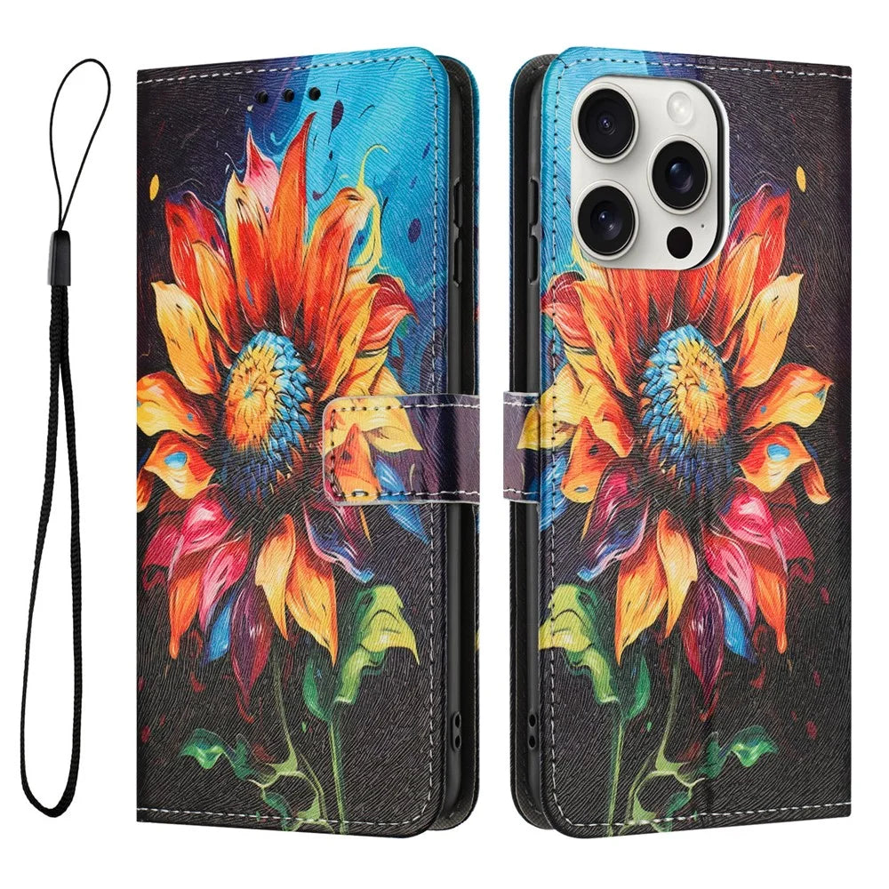 YX-2501 For iPhone 14 Pro Case Pattern Printing PU Leather Wallet Phone Cover with Lanyard - Sunflower - 1