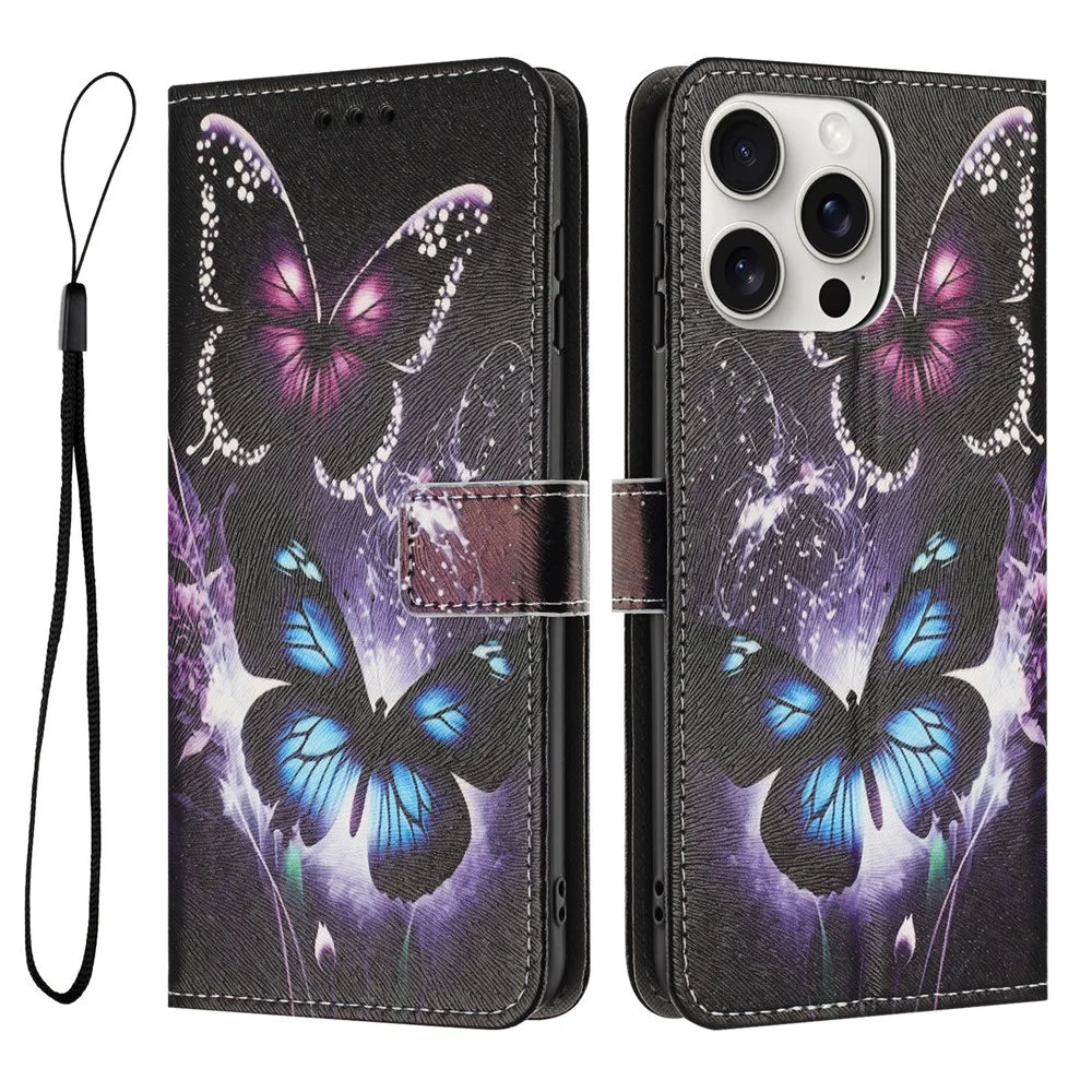 YX-2501 For iPhone 14 Pro Max Case Pattern Printing PU Leather Wallet Phone Cover with Lanyard - Two Butterflies - 1
