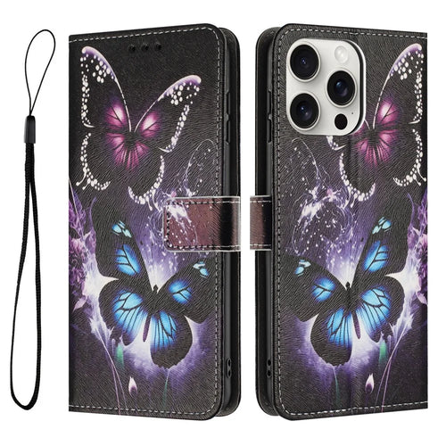 YX-2501 For iPhone 14 Pro Max Case Pattern Printing PU Leather Wallet Phone Cover with Lanyard - Two Butterflies - 1
