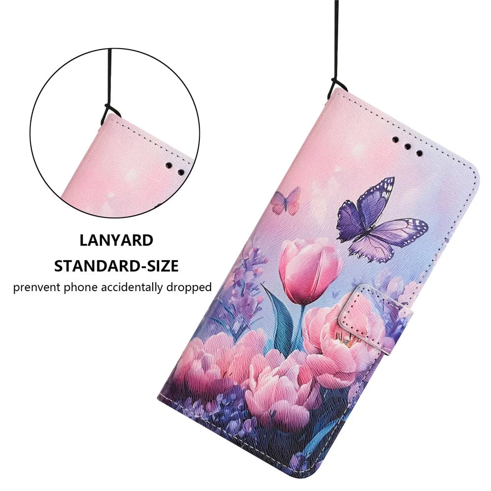 YX-2501 For Samsung Galaxy A05s 4G Case Pattern Printing PU Leather Wallet Phone Cover with Lanyard - Pink Flower Butterfly - 4