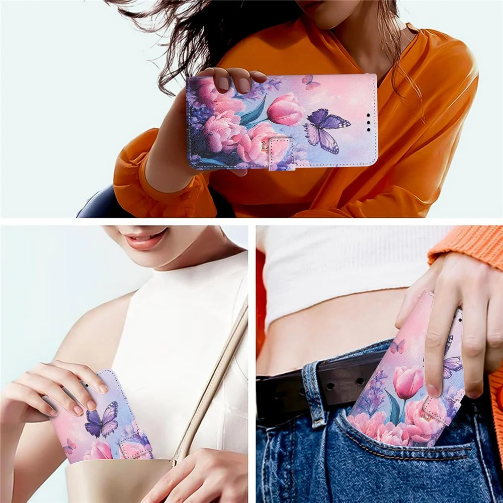YX-2501 For Samsung Galaxy A05s 4G Case Pattern Printing PU Leather Wallet Phone Cover with Lanyard - Pink Flower Butterfly - 6