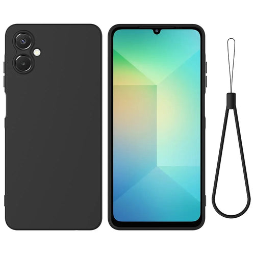 For Samsung Galaxy A06 5G Liquid Silicone Case Phone Back Cover with Hand Strap - Black - 1