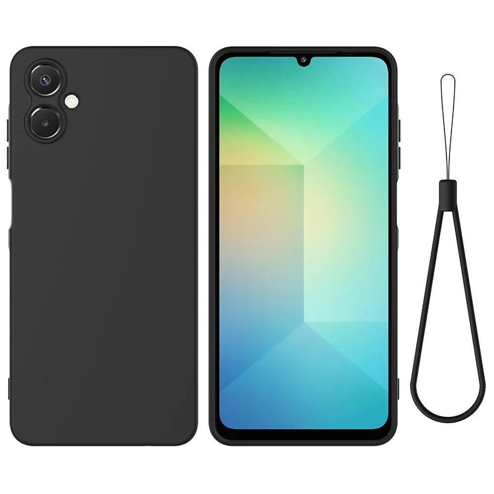 For Samsung Galaxy A06 5G Liquid Silicone Case Phone Back Cover with Hand Strap - Black - 1