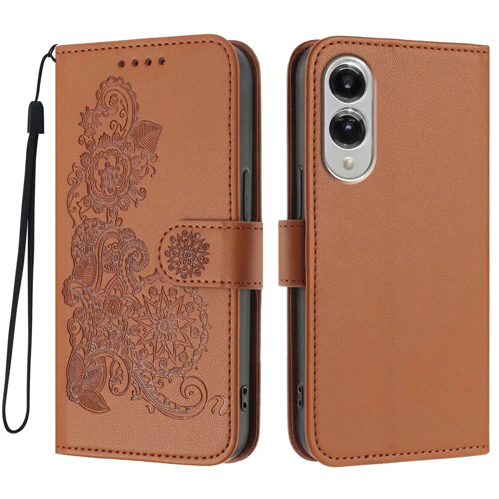 For Samsung Galaxy S25 Edge Phone Cases Mandala Flower Leather Wallet Mobile Cover with Strap - Coffee - 1