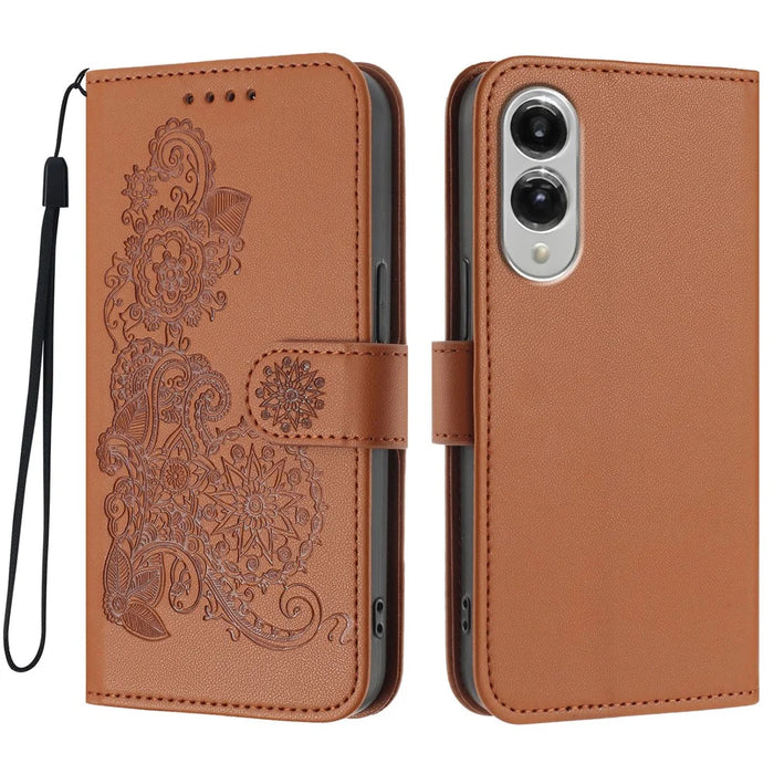 For Samsung Galaxy S25 Edge Phone Cases Mandala Flower Leather Wallet Mobile Cover with Strap - Coffee - 1