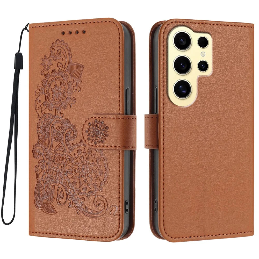 For Samsung Galaxy S24 Ultra Phone Cases Mandala Flower Leather Wallet Mobile Cover with Strap - Coffee - 1
