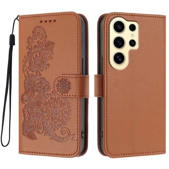 For Samsung Galaxy S24 Ultra Phone Cases Mandala Flower Leather Wallet Mobile Cover with Strap - Coffee - 1