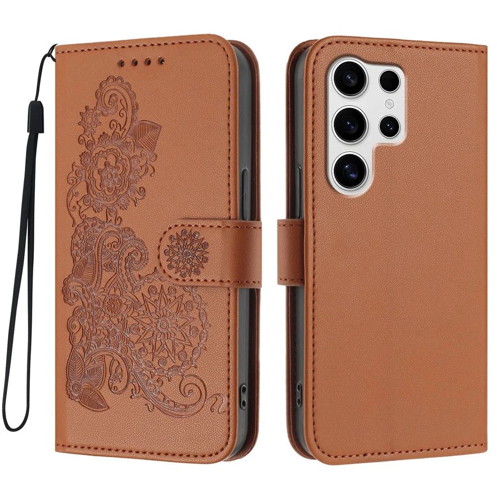 For Samsung Galaxy S25 Ultra Phone Cases Mandala Flower Leather Wallet Mobile Cover with Strap - Coffee - 1
