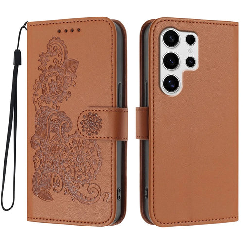 For Samsung Galaxy S25 Ultra Phone Cases Mandala Flower Leather Wallet Mobile Cover with Strap - Coffee - 1