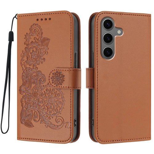 For Samsung Galaxy S24+ / Galaxy S25+ Phone Cases Mandala Flower Leather Wallet Mobile Cover with Strap - Coffee - 1