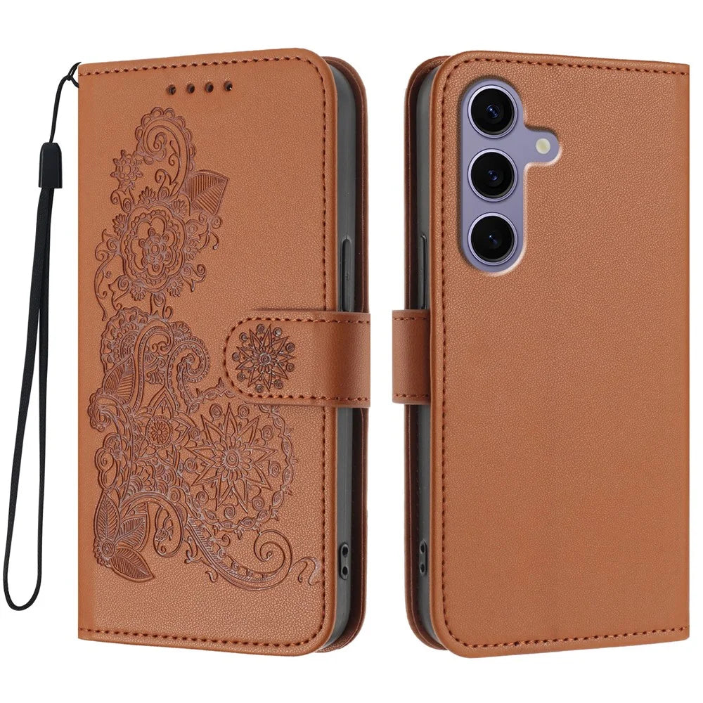 For Samsung Galaxy S24 / Galaxy S25 Phone Cases Mandala Flower Leather Wallet Mobile Cover with Strap - Coffee - 1