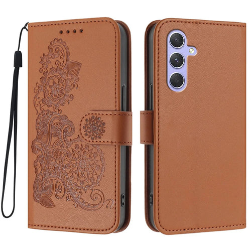 For Samsung Galaxy A55 5G Phone Cases Mandala Flower Leather Wallet Mobile Cover with Strap - Coffee - 1