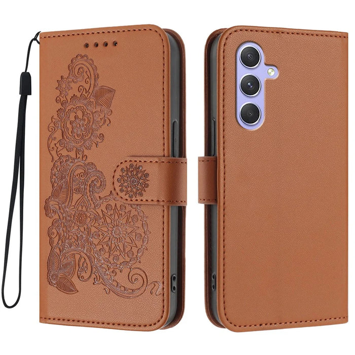 For Samsung Galaxy A55 5G Phone Cases Mandala Flower Leather Wallet Mobile Cover with Strap - Coffee - 1